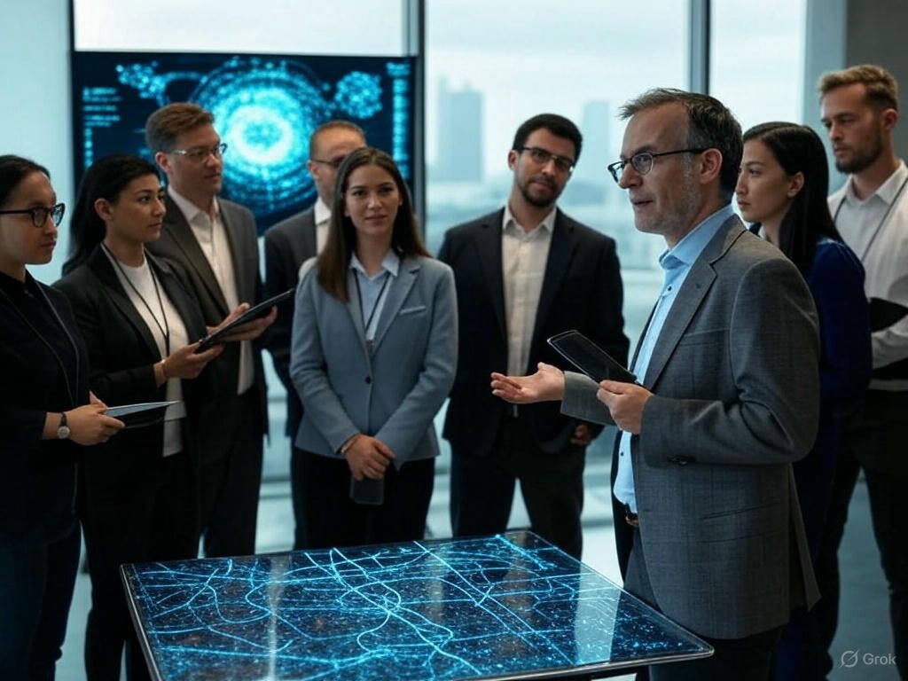 Group of professionals standing around a digital table with illuminated holographic data and screens displaying technology visuals.