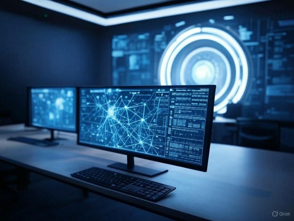 Futuristic workspace with dual monitors displaying network data and a large digital interface on the wall.