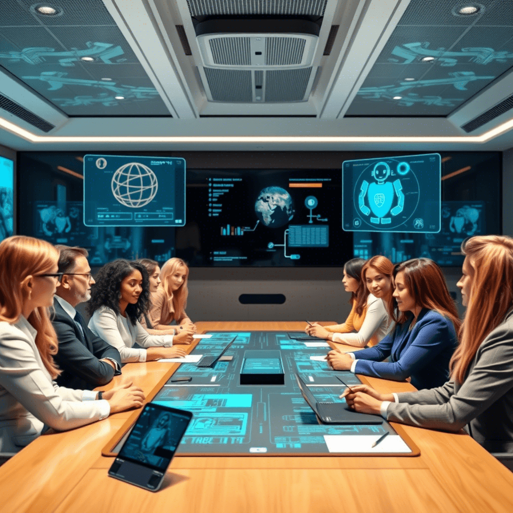 Group of professionals in futuristic conference room with digital interface displays on tables and walls.