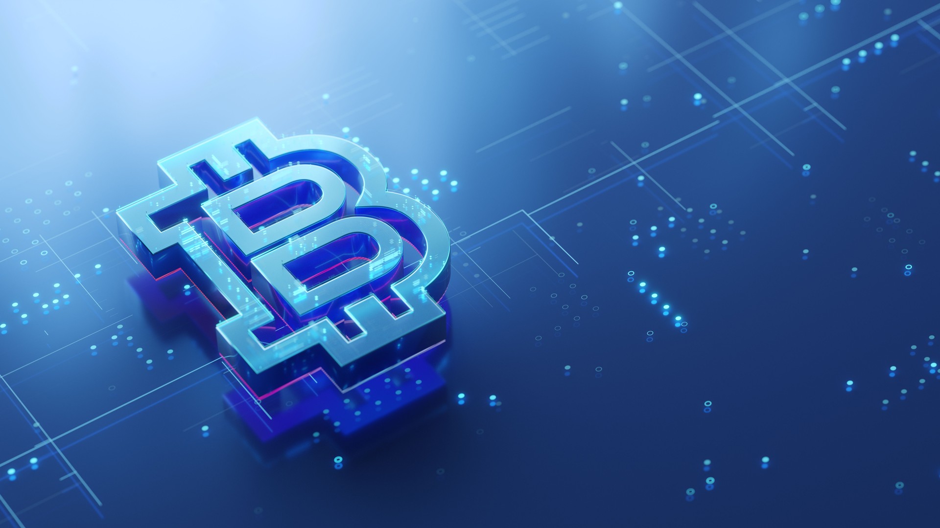 Bitcoin 3d sign on the glossy futuristic surface with abstract glowing dots and lines