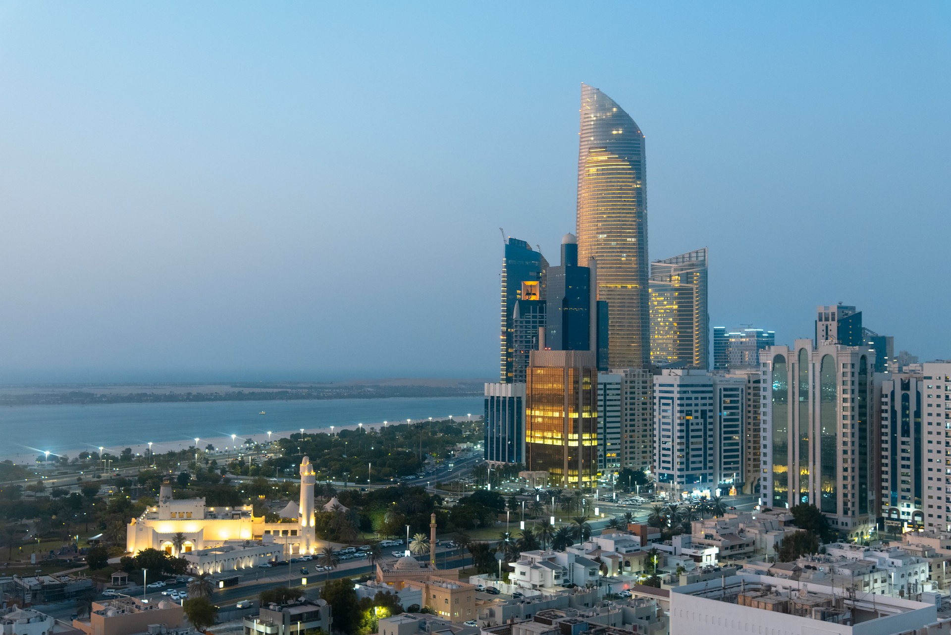 Abu Dhabi modern skyscrapers in Cornish downtown area of the UAE capital